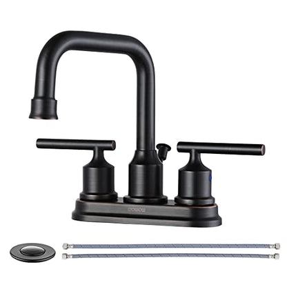 WOWOW Oil Rubbed Bronze Bathroom Faucet for Bathroom Sink Faucet 3 Hole Lavatory Faucet 2 Handle Vanity Faucet with Drain and Supply Hose Mixer Tap High Arc Swivel Spout - color: Oil Rubbed Bronze, style: Centerset - 4 Inch