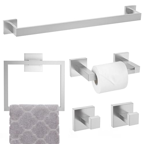 Brushed Nickel Towel Bar Set,5-Piece Bathroom Hardware Set Includes Upgraded Double Base Paper Towel Holder Modern Square Towel Holder Set,Stainless Steel Wall Mount 23.6 Inch - color: 5-pcs Brushed Nickel
