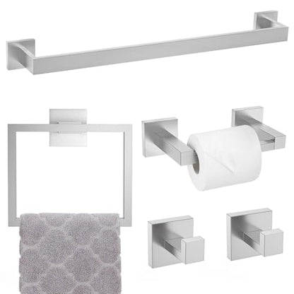 Brushed Nickel Towel Bar Set,5-Piece Bathroom Hardware Set Includes Upgraded Double Base Paper Towel Holder Modern Square Towel Holder Set,Stainless Steel Wall Mount 23.6 Inch - color: 5-pcs Brushed Nickel
