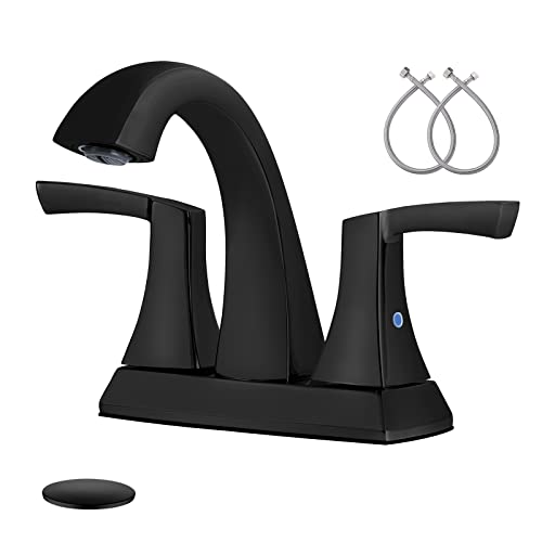 VXV Bathroom Faucet Matte Black, 2 Handles Low Arc Bathroom Sink Faucets, 4 Inch Centerset Bath Lavatory Faucets with Pop-up Drain & Faucet Supply Lines (MB) - color: Matte Black-4 inches