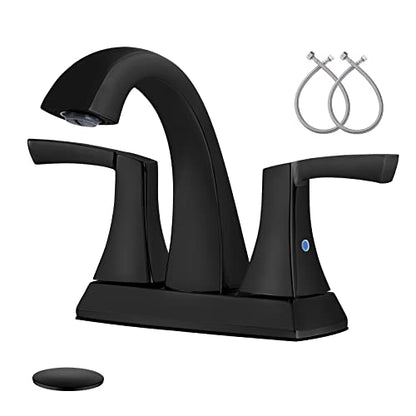 VXV Bathroom Faucet Matte Black, 2 Handles Low Arc Bathroom Sink Faucets, 4 Inch Centerset Bath Lavatory Faucets with Pop-up Drain & Faucet Supply Lines (MB) - color: Matte Black-4 inches