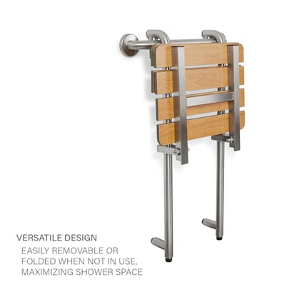Seachrome Profile Folding Shower Seat with 18 inch Grab Bar, Removable Hanging Bench with Backrest & Legs, Teak Phenolic Seat, Stain Stainless Steel Grab Bar - color: Teak Phenolic Seat