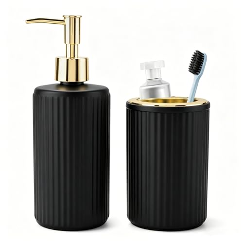 Black Glass Bathroom Accessories Set, Soap Dispenser and Toothbrush Holder | Black and Gold Bathroom Set for Boho Bathroom Decor, Modern Design - color: Black, size: 2PCS