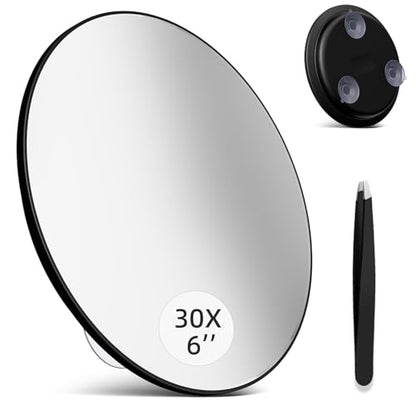 Large 6" 30x Magnifying Mirror with Tweezers, Travel Magnified Mirror 30x with Suction Cups, High Magnification, Round Magnified 30 X Mirrors - color: Black--30x