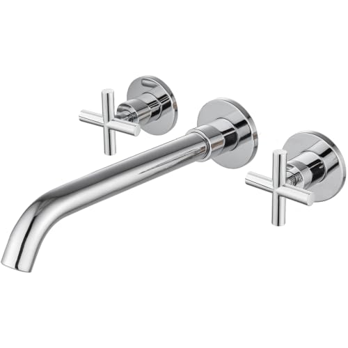 Midanya Wall Mount Bathroom Faucet 3 Hole 2 Cross Handle,Polish Chrome | SUS304 Stainless Steel,Rough-in Valve Included,360° Swivel Spout,for Bathroom Sink,Vanity - color: Polish Chrome