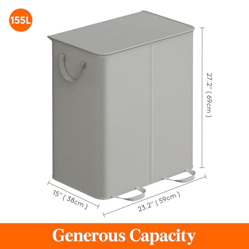 Lifewit Double Laundry Hamper with Lid and Removable Laundry Bags, Large Collapsible 2 Dividers Dirty Clothes Basket with Handles for Bedroom Laundry Room Closet Bathroom College, 155L Silver Gray - color: Silver Gray, size: 155L