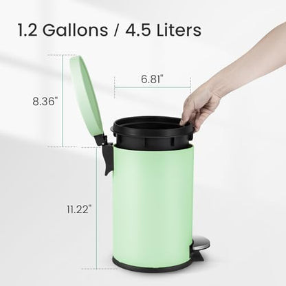 Cesun Small Round Bathroom Trash Can with Lid Soft Close, 1.2 Gal, Green | Removable Inner Bucket, Stainless Steel Garbage Can for Bedroom/Office, Hands-Free Step Pedal, Fingerprint-Resistant - color: Green