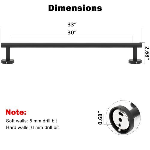 NearMoon Bath Towel Bar, Thicken Stainless Steel Shower Towel Rack Holder Wall Mounted for Bathroom, 33-lnch Overall Length-30-lnch Usable Hanging Space (1 Pack, Matte Black) - color: Matte Black, size: 33 Inch