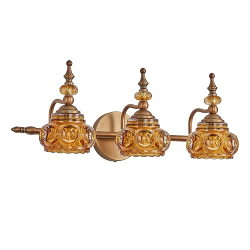 Vintage Bathroom Vanity Light Fixtures, 3-Light Brass Vanity Wall Light Over Mirror with Amber Glass Shade for Bathroom Bedroom Living Room - color: Amber Rose, size: 3-Light (1-Pack)