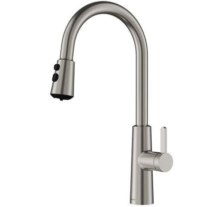 Karran Elmsworth Spot-Free Stainless Steel Commercial Style Pull-Down Kitchen Faucet with Dual Interchangeable Spray Heads, 5-Function Revolve MAX & 3-Function Revolve Mini Aerator, High-Arc Spout - color: Spot Free Stainless Steel