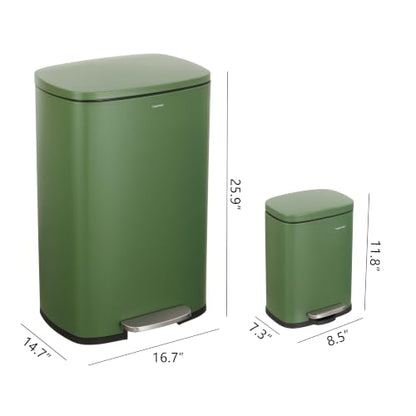 happimess Connor 2-Piece Iron Trash Can, Pine Green | 13.2 And 1.3 Gallons, Rectangular, Soft-Close Lid, Step Pedal, 20 Liners, 26" And 12" Height - color: Pine Green