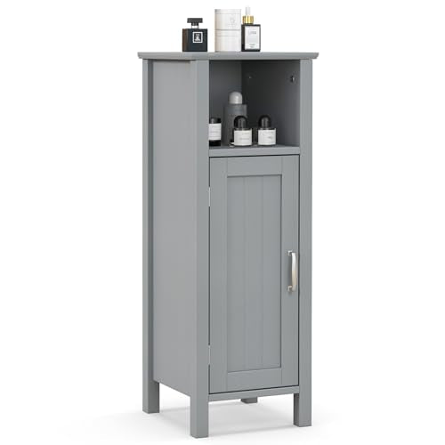 Giantex Narrow Bathroom Storage Cabinet with Open Compartment (Grey) | Freestanding Small Storage Organizer with Adjustable Shelf, Anti-toppling Device, Corner Unit for Living Room - color: Grey, size: 12''D × 12''W × 31.5''H