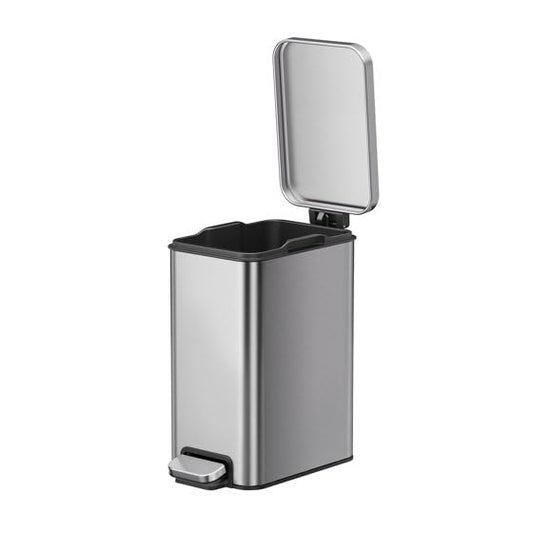 Slim Stainless Steel Trash Can - 2.6 Gallon Step Garbage Bin with Soft Close Lid, Brushed Finish, Narrow Vertical Wastebasket for Bathroom, Bedroom, or Office, Durable Construction and Easy Cleaning
