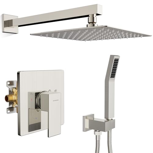 SR SUN RISE Shower Faucet Set & System - 10 Inch Rainfall Shower Head & Handle Set Wall Mounted Brushed Nickel Solid Brass Valve Trim Kit Included - color: Brushed Nickel, size: 10 Inch