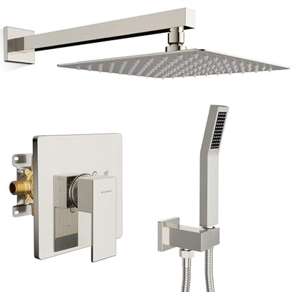 SR SUN RISE Shower Faucet Set & System - 10 Inch Rainfall Shower Head & Handle Set Wall Mounted Brushed Nickel Solid Brass Valve Trim Kit Included - color: Brushed Nickel, size: 10 Inch