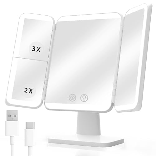 SIMETRA 15.6'' Rechargeable Makeup Mirror with Lights, 156 LED Magnification Vanity Mirror with 3 Colors Lights, 3000mAh Lighted Mirror, Touch Control Trifold Mirror for Women Travel Desk - color: White