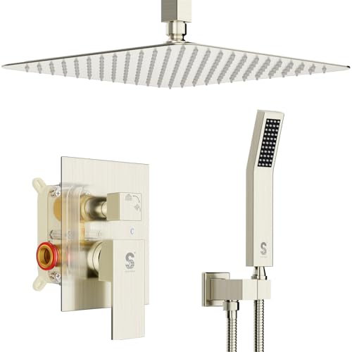 SR SUN RISE 12 Inch Ceiling Mount Brushed Nickel Shower System Bathroom Luxury Rain Mixer Shower Combo Set Ceiling Rainfall Shower Head System Faucet Trim Repair Kits with Rough-in Valve and Trim - color: Brushed Nickel, style: 12 inch