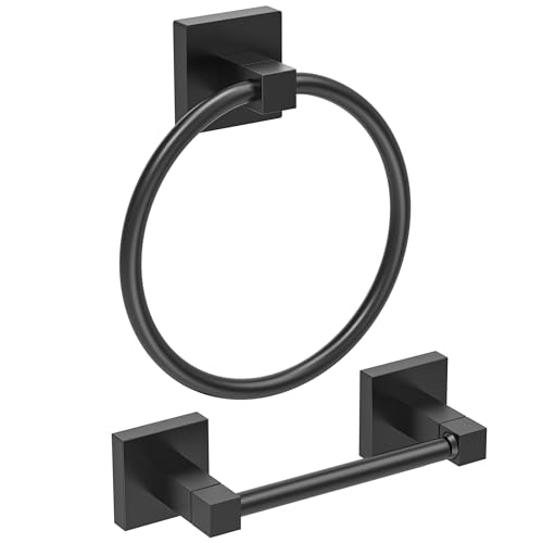 RUACQ Matte Black Toilet Paper Holder & Towel Ring, Bathroom Accessories | 2-Piece Bathroom Hardware Set, Pivoting Tissue Roll Holder, Hand Towel Ring, Square Base, 304 Stainless Steel, Wall Mounted - color: Matte Black, size: 2pcs