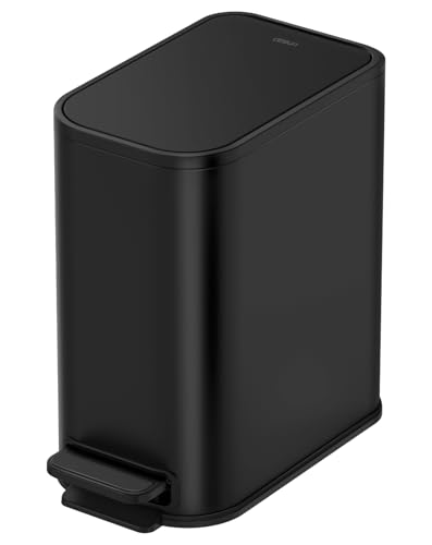 Cesun Small Black Bathroom Trash Can with Lid Soft Close & Pedal, 1.3 Gal | Removable Inner Bucket, Slim Stainless Steel Garbage Can for Bedroom/Office, Included 5 Trash Bags, Hidden Bag, Built to Last - color: Black