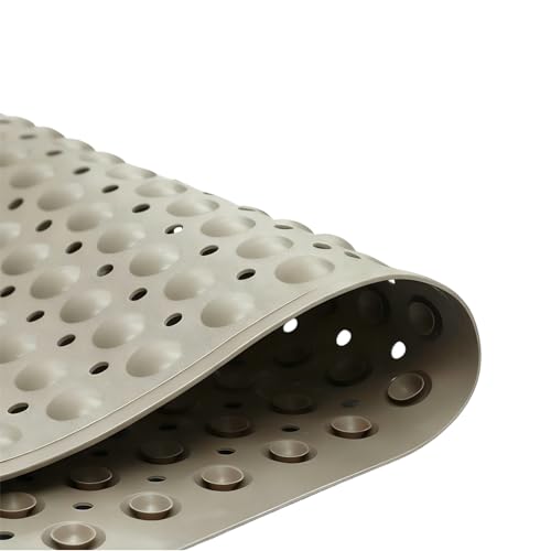 Bathtub Anti-Slip Mat Shower Mat with Suction Cups Drain Hole Foot Massage Bathroom Floor Mat 28x16 Inch (Khaki)