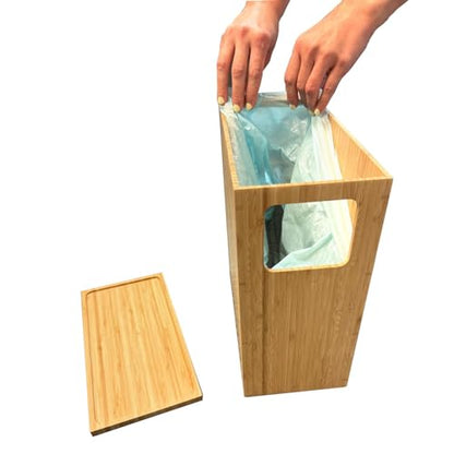 MobileVision Bamboo Slim Trash Can with Lid, Waste Basket for Bathroom, Bedroom, Office, Vanity, Salon or Spa, Small Spaces, Rectangle, Bag Liners Included