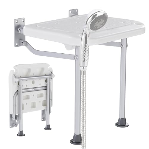 KUAFU Folding Shower Seat, Wall Mounted Bathroom Bathtub Safety Stool, | 18.31"x16.34"x3.54" Foldable Shower Chair W/Support Legs for Inside Shower, Seniors, Elderly and Disabled White 400LBS