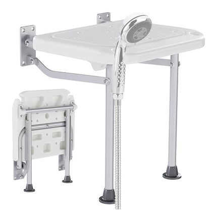 KUAFU Folding Shower Seat, Wall Mounted Bathroom Bathtub Safety Stool, | 18.31"x16.34"x3.54" Foldable Shower Chair W/Support Legs for Inside Shower, Seniors, Elderly and Disabled White 400LBS