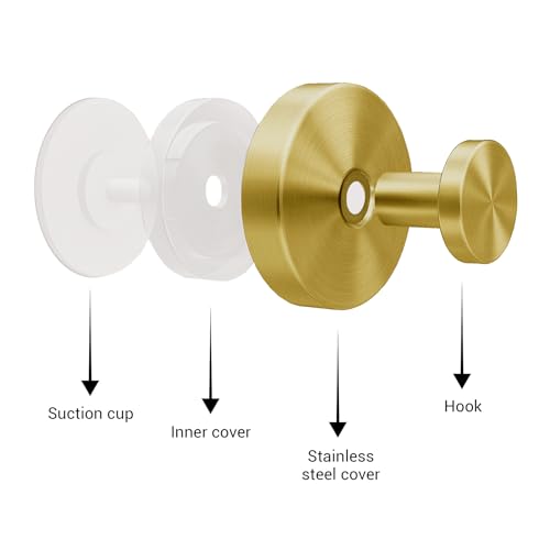 Suction Cup Hooks for Shower - 4 Pack, Gold - Stainless Steel, Strong Suction, No Drill, Removable Hanger, Tile Bathroom Kitchen Wall, Glass Door, Mirror Hook Hanging Robe, Towel Holder - color: Gold