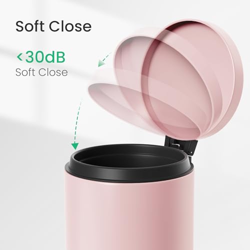 Cesun Small Round Bathroom Trash Can with Lid Soft Close, 1.2 Gal, Pink | Removable Inner Bucket, Stainless Steel Garbage Can for Bedroom/Office, Hands-Free Step Pedal, Fingerprint-Resistant - color: Pink