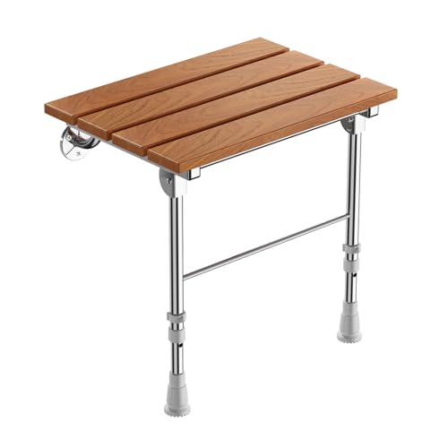 Folding Shower Seat Wall Mounted with Support Legs for Seniors, 350 lbs (Teak Wood) - color: Teak Wood