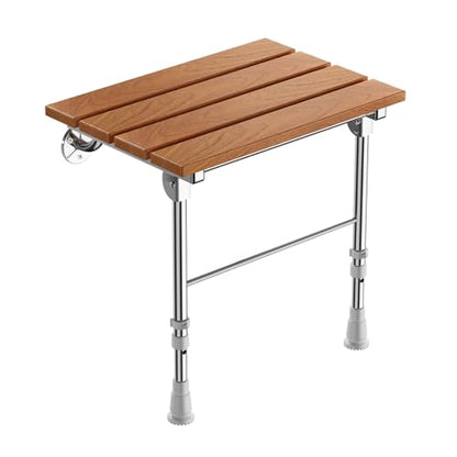 Folding Shower Seat Wall Mounted with Support Legs for Seniors, 350 lbs (Teak Wood) - color: Teak Wood