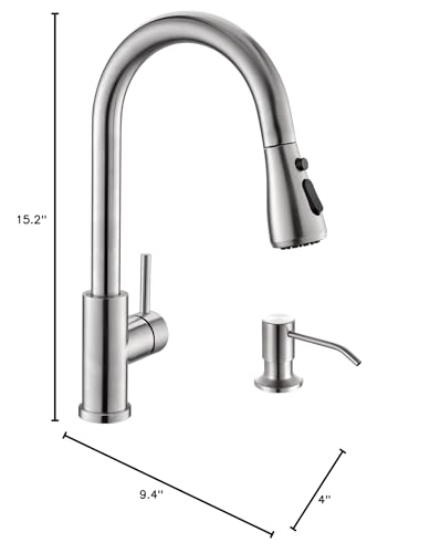 Kitchen Sink Faucet with Soap Dispenser, 3 Modes Kitchen Faucet with Pull Down Sprayer and Soap Dispenser, 304 Stainless Brushed Nickel Single Handle Kitchen Bar Faucets with Water Lines - color: Brushed Nickel Transitional, size: 15.2 Inches