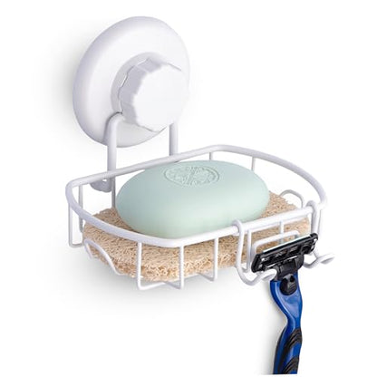 HASKO Suction Cup Soap Dish for Shower Wall, Rustproof Stainless Steel, Shower Soap Holder with Hooks for Bathroom, Includes Optional No Drill Adhesive Mount and Soap Saver, White - color: White