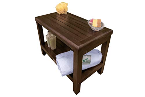 DecoTeak Eleganto 24" Teak Shower Bench with Shelf, Waterproof Seat | Shower bench with adjustable feet and non-slip rubber pads provides stable support on wet or uneven shower floors - size: 24" Length x 14" Width x 18" Height