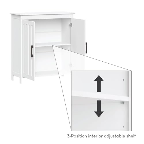 RiverRidge Monroe Two-Door Bathroom Floor Storage Cabinet - White | Linen Cabinet with Adjustable Interior Shelf and Soft Close Hinges, Matte Black Handles