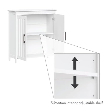 RiverRidge Monroe Two-Door Bathroom Floor Storage Cabinet - White | Linen Cabinet with Adjustable Interior Shelf and Soft Close Hinges, Matte Black Handles