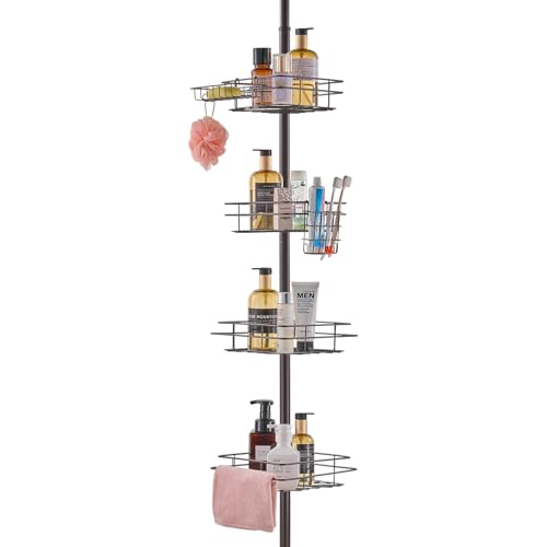 VEVOR Corner Shower Caddy Tension Pole, 4 Tier Adjustable Rustproof Organizer Shelves for Bathroom & Washroom, 42-114inch High, Bronze