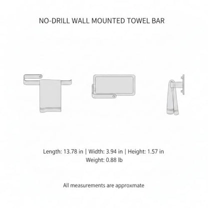 Towel Bar, 13.8-Inch Adhesive Metal Bathroom Rack with No-Drill Mount for Smooth Walls, Hole-Free Installation (1 Piece) - color: Black