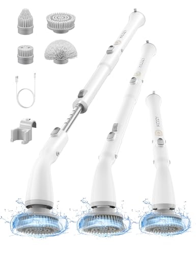 Electric Spin Scrubber HS1, Cordless Shower Scrubber for Cleaning with 4 Replaceable Brush Heads Adjustable Extension Handle, IPX7 Waterproof Cleaning Brush for Bathroom Floor White