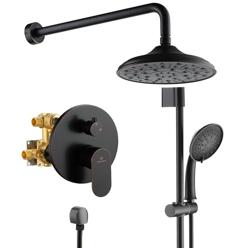 MONDAWE 8 Inch Wall Mounted Shower Faucet Set in Oil Rubbed Bronze, Rainfall Shower Head with 3-Setting Handheld Spray Shower Set Combo, High Pressure Shower System with Solid Brass Valve - color: Oil Rubbed Bronze, style: 8 IN - Without Tub Spout