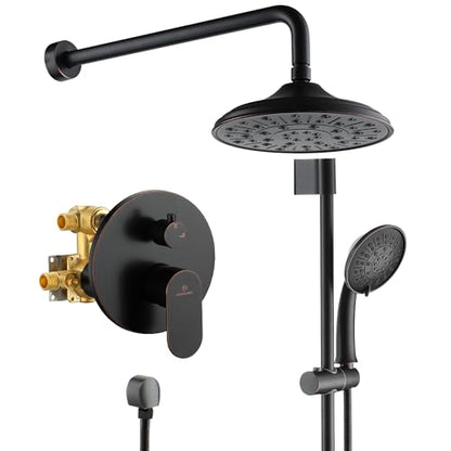 MONDAWE 8 Inch Wall Mounted Shower Faucet Set in Oil Rubbed Bronze, Rainfall Shower Head with 3-Setting Handheld Spray Shower Set Combo, High Pressure Shower System with Solid Brass Valve - color: Oil Rubbed Bronze, style: 8 IN - Without Tub Spout