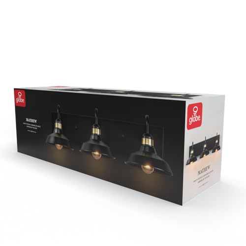 Globe Electric 63000199 24" 3-Light Vanity Light, Matte Black, Brass Accents, Exposed Bulb, Bathroom/Makeup Mirror, Wall Light - color: Cabernet