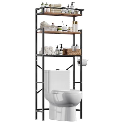 HOOBRO Over-The-Toilet Storage Rack, 3-Tier Bathroom Shelves Above Toilet, Bathroom Organizer with Toilet Paper Hook, Laundry Room, Space Saver, Rustic Brown and Black BF21TS01