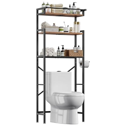 HOOBRO Over-The-Toilet Storage Rack, 3-Tier Bathroom Shelves Above Toilet, Bathroom Organizer with Toilet Paper Hook, Laundry Room, Space Saver, Rustic Brown and Black BF21TS01
