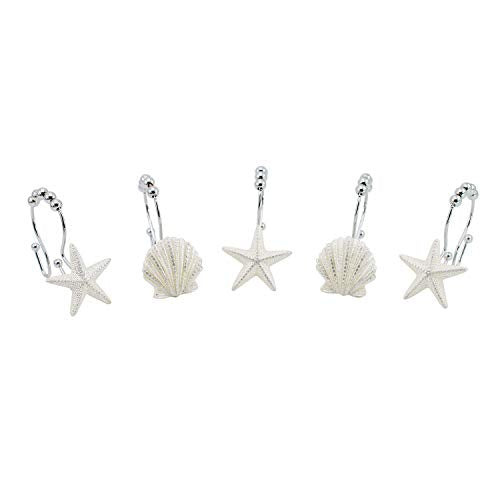 BEAVO Seashell Shower Curtain Hooks,12 Pcs Double Roller Glide Rust-Resistant Stainless Steel Decorative Shower Curtain Rings for Bathroom, Baby Room, Bedroom, Living Room Decor (White)