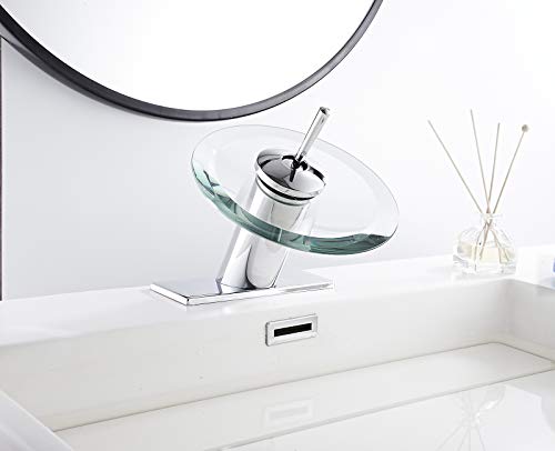 Waterfall Bathroom Sink Faucet Glass Spout Chrome One Handle Single Hole | Basin Vanity Bathroom Faucet Deck Mount with Cover Plate - color: Chrome, size: Short Design