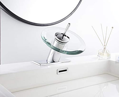 Waterfall Bathroom Sink Faucet Glass Spout Chrome One Handle Single Hole | Basin Vanity Bathroom Faucet Deck Mount with Cover Plate - color: Chrome, size: Short Design