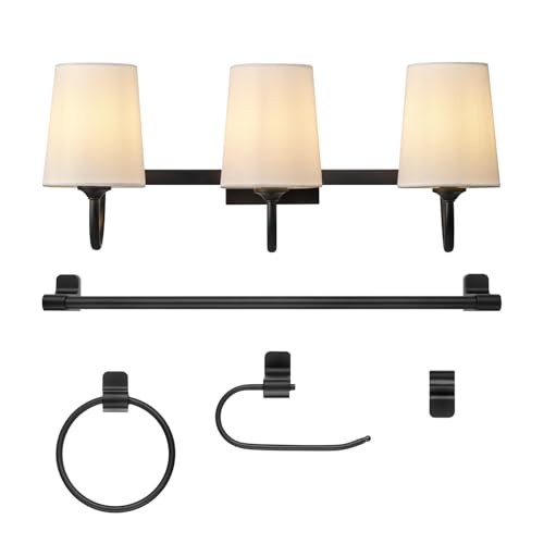Globe Electric 63000206 5-Piece All-in-One Bathroom Set, 3-Light Vanity Light, Matte Black, Linen Shades, Towel Bar, Robe Hook, Toilet Paper Holder, Towel Ring, Bathroom Lights Over Mirror - color: Matte Black, Linen