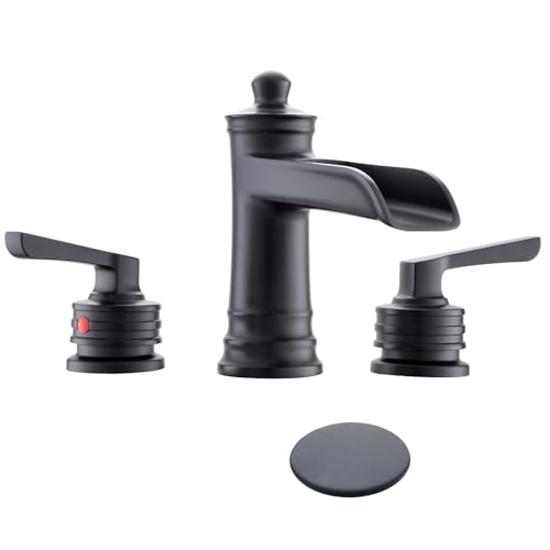 Fapully Matte Black Bathroom Sink Faucet, Waterfall Bathroom Faucets 3 Hole, 8 Inch Widespread Bathroom Faucet with Pop-up Drain, 2-Handle Faucet for Bathroom Sink Vanity RV - color: Matte Black