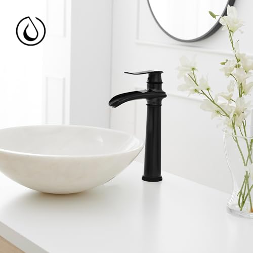 BWE Vessel Sink Faucet Waterfall Matte Black Bathroom Faucets Single Hole | Single Handle Bathroom Sink Faucet Tall Vessel Brass Faucet with Pop Up Drain and Water Supply Line,Solid Brass - color: Matte Black, size: 11.81 inch Vessel Version